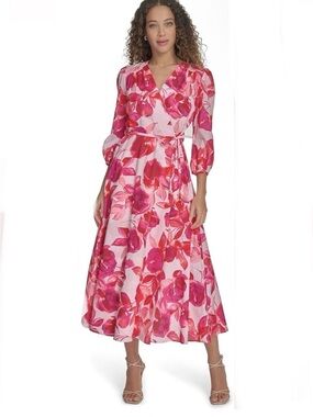 NWT Calvin Klein Pink & Fuchsia Floral Long Sleeve Wrap Dress - Size 16W